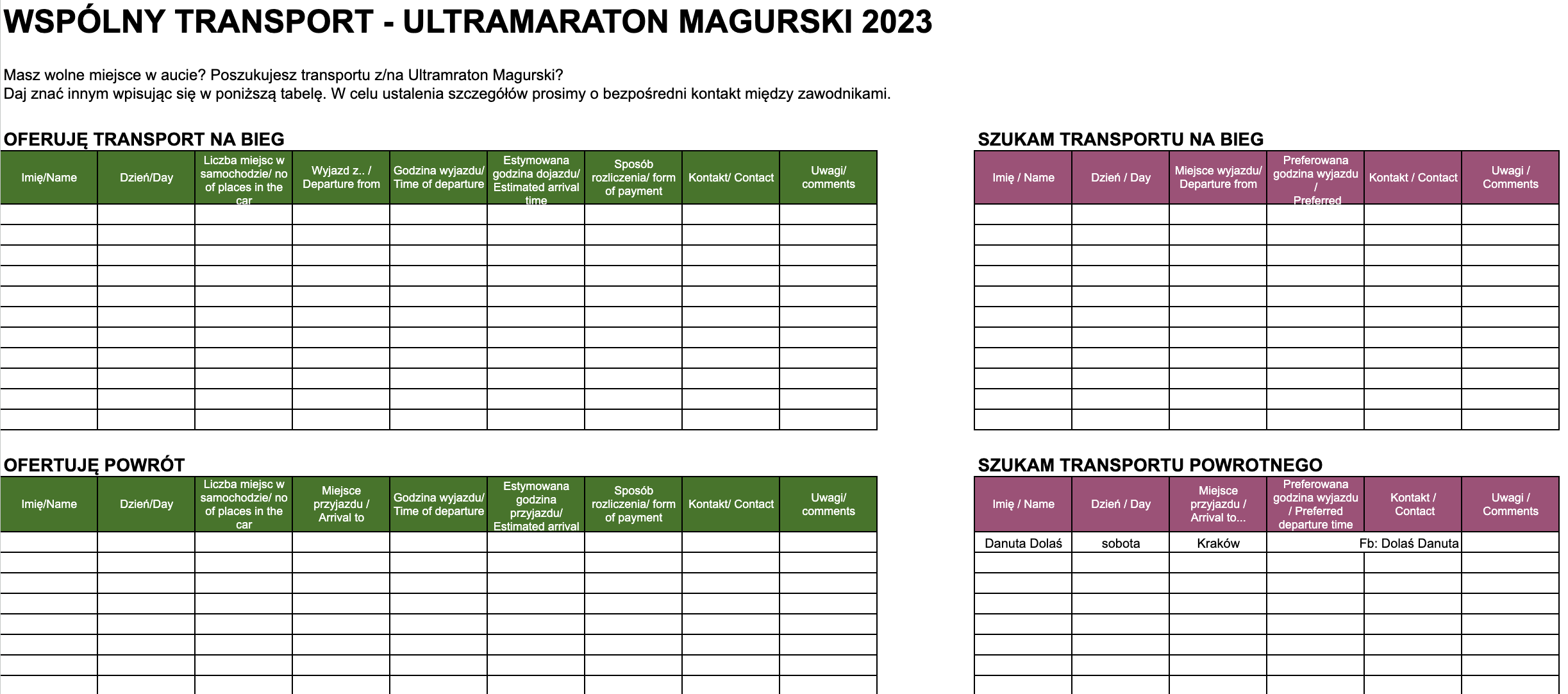 Wspolny transport Ultramaraton Magurski 2023